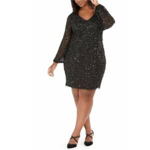 Adrianna Papell Beaded Black Short Cocktail Dress Plus Sz 14 W NWT MOB Romantic